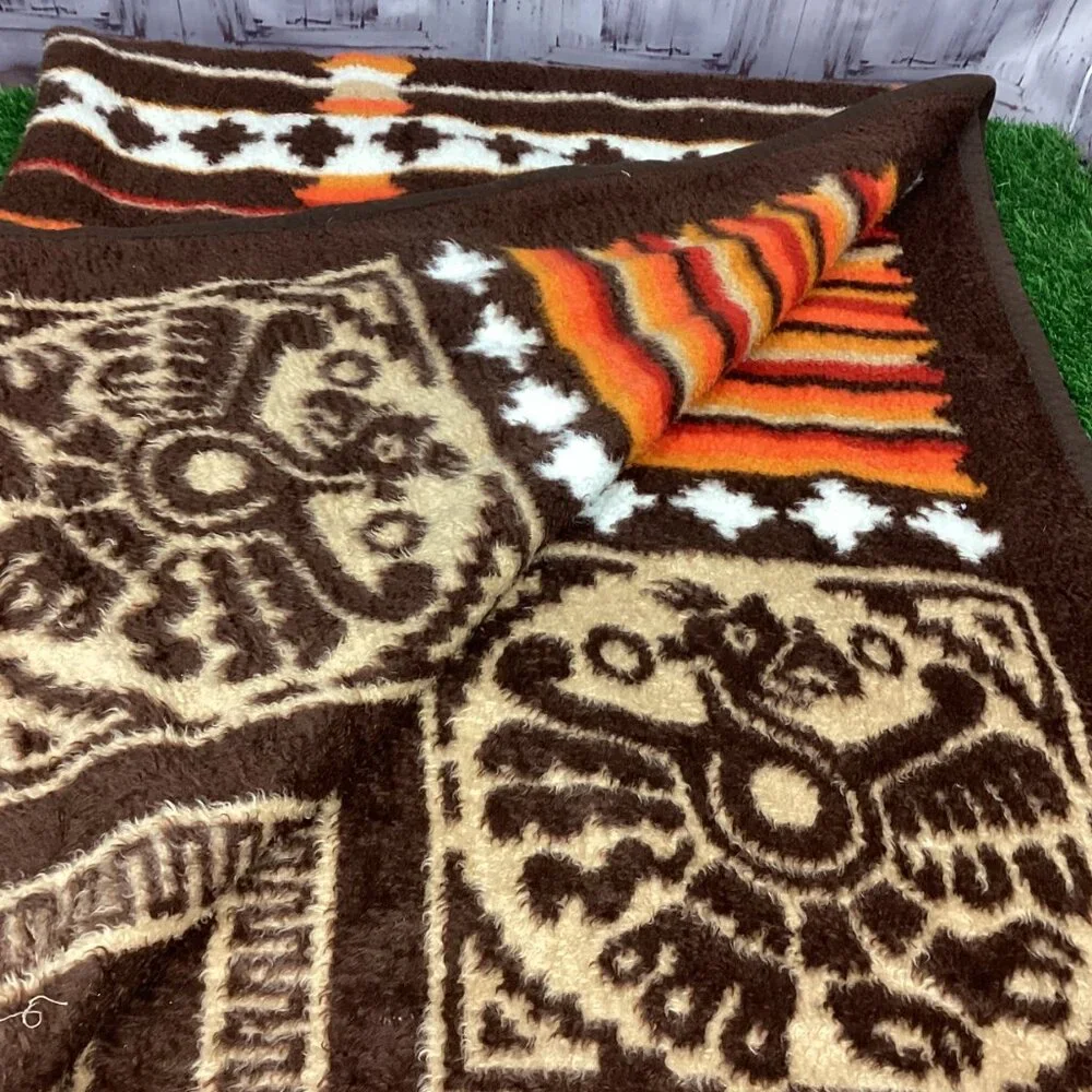 Vintage Biederlack Orange Brown Southwestern Blanket, Made In West Germany